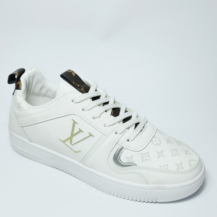 White sneaker with brand logo on a white background